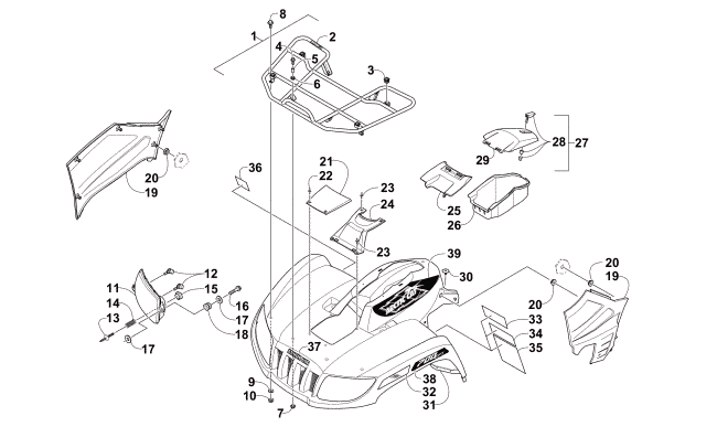 Parts Diagram for Arctic Cat 2015 700 TBX ATV FRONT RACK, BODY PANEL, AND HEADLIGHT ASSEMBLIES
