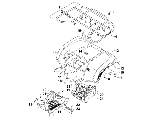Parts Diagram for Arctic Cat 2015 1000 MUD PRO LTD ATV REAR RACK, BODY PANEL, AND FOOTWELL ASSEMBLIES