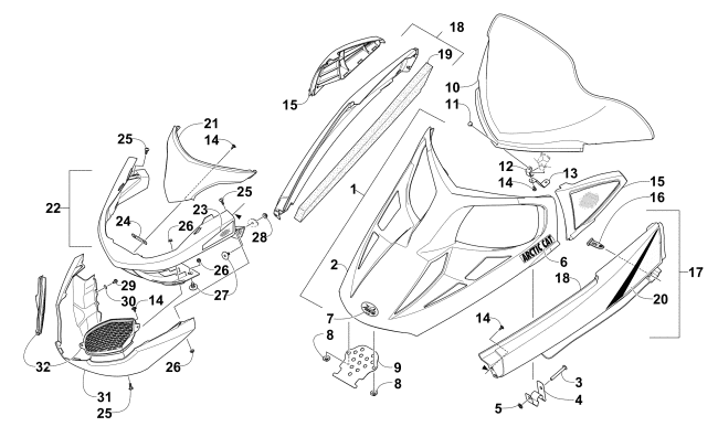 Parts Diagram for Arctic Cat 2015 LYNX 2000 LT SNOWMOBILE HOOD, WINDSHIELD, AND FRONT BUMPER ASSEMBLY