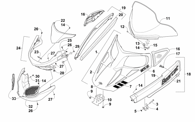 Parts Diagram for Arctic Cat 2015 BEARCAT 2000 SNOWMOBILE HOOD, WINDSHIELD, AND FRONT BUMPER ASSEMBLY