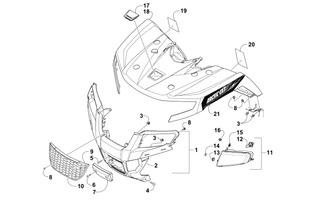 Parts Diagram for Arctic Cat 2015 XR 500 ATV FRONT BODY PANEL AND HEADLIGHT ASSEMBLIES