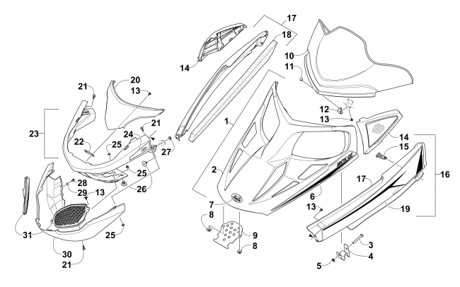 Parts Diagram for Arctic Cat 2015 LYNX 2000 SNOWMOBILE HOOD, WINDSHIELD, AND FRONT BUMPER ASSEMBLY
