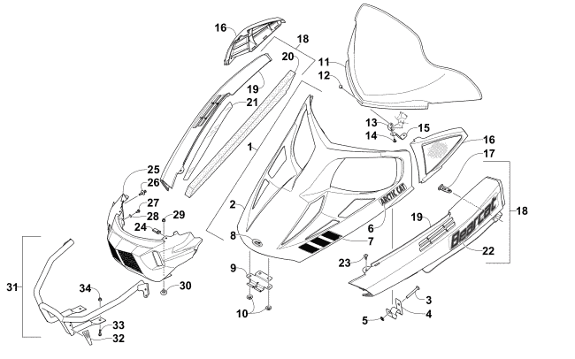 Parts Diagram for Arctic Cat 2015 BEARCAT 2000 XT SNOWMOBILE HOOD, WINDSHIELD, AND FRONT BUMPER ASSEMBLY