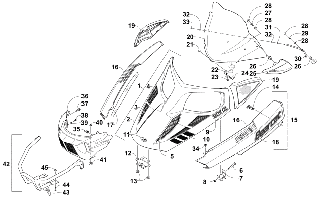 Parts Diagram for Arctic Cat 2015 BEARCAT 5000 XT SNOWMOBILE HOOD, WINDSHIELD, AND FRONT BUMPER ASSEMBLY