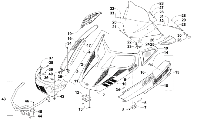 Parts Diagram for Arctic Cat 2015 BEARCAT 5000 XT GS SNOWMOBILE HOOD, WINDSHIELD, AND FRONT BUMPER ASSEMBLY