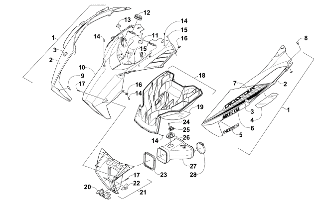 Parts Diagram for Arctic Cat 2015 XF 6000 CROSS-TOUR 141 SNOWMOBILE HOOD AND AIR INTAKE ASSEMBLY