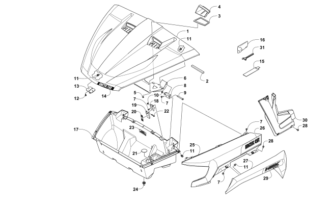 Parts Diagram for Arctic Cat 2016 HDX 700 XT ATV HOOD/FRONT STORAGE AND SIDE PANEL ASSEMBLY