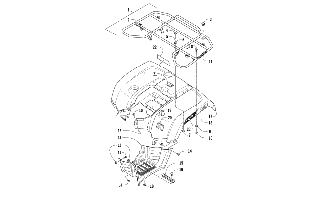 Parts Diagram for Arctic Cat 2016 1000 XT ATV REAR RACK, BODY PANEL, AND FOOTWELL ASSEMBLIES