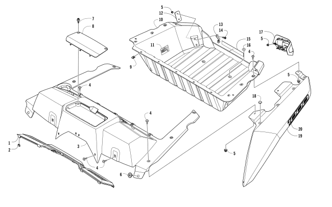 Parts Diagram for Arctic Cat 2016 WILDCAT X ATV CARGO BOX AND TAILLIGHT ASSEMBLY