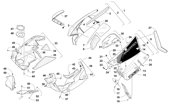 Parts Diagram for Arctic Cat 2016 PANTERA 7000 LTD EARLY BUILD SNOWMOBILE SKID PLATE AND SIDE PANEL ASSEMBLY
