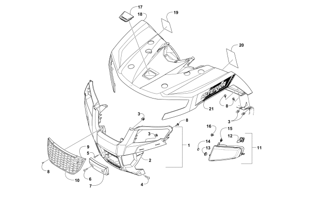 Parts Diagram for Arctic Cat 2016 ALTERRA 550 ATV FRONT BODY PANEL, AND HEADLIGHT ASSEMBLIES