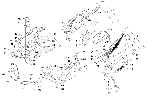 Parts Diagram for Arctic Cat 2016 BEARCAT 3000 LT SNOWMOBILE SKID PLATE AND SIDE PANEL ASSEMBLY