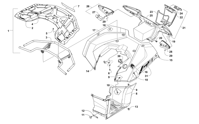 Parts Diagram for Arctic Cat 2016 ALTERRA 700 XT EPS ATV REAR RACK, BODY PANEL, FOOTWELL, AND TAILLIGHT ASSEMBLIES