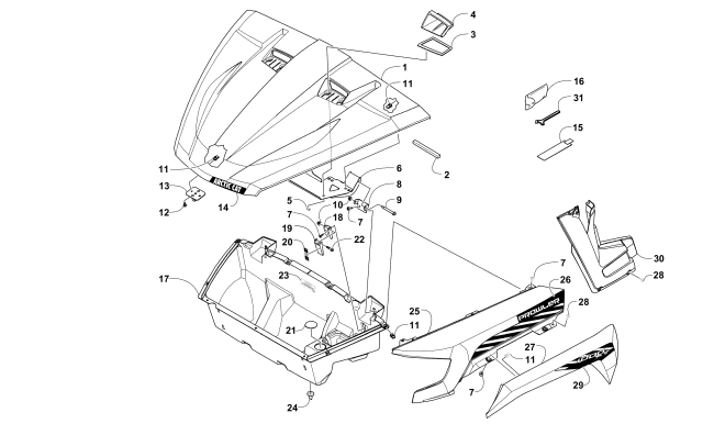 Parts Diagram for Arctic Cat 2016 PROWLER 1000 XT ATV HOOD/FRONT STORAGE AND SIDE PANEL ASSEMBLY