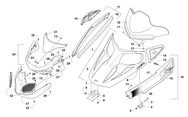 Parts Diagram for Arctic Cat 2017 LYNX 2000 SNOWMOBILE HOOD, WINDSHIELD, AND FRONT BUMPER ASSEMBLY