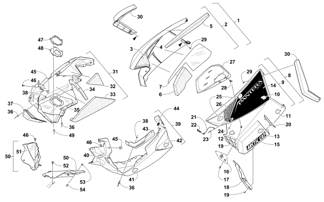 Parts Diagram for Arctic Cat 2016 PANTERA 3000 SNOWMOBILE SKID PLATE AND SIDE PANEL ASSEMBLY