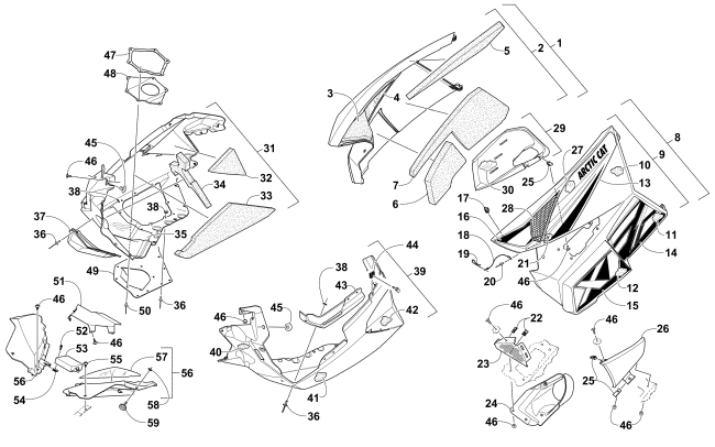 Parts Diagram for Arctic Cat 2016 XF 6000 HIGH COUNTRY 141 SNOWMOBILE SKID PLATE AND SIDE PANEL ASSEMBLY