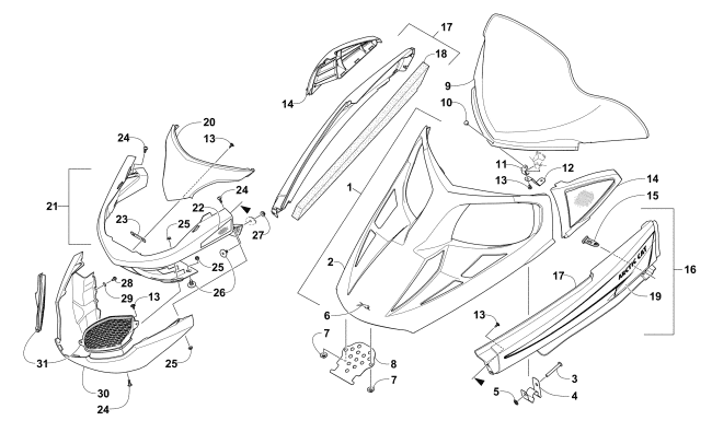 Parts Diagram for Arctic Cat 2017 LYNX 2000 LT SNOWMOBILE HOOD, WINDSHIELD, AND FRONT BUMPER ASSEMBLY