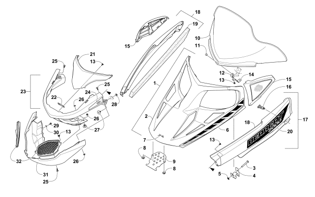 Parts Diagram for Arctic Cat 2016 BEARCAT 2000 LT SNOWMOBILE HOOD, WINDSHIELD, AND FRONT BUMPER ASSEMBLY