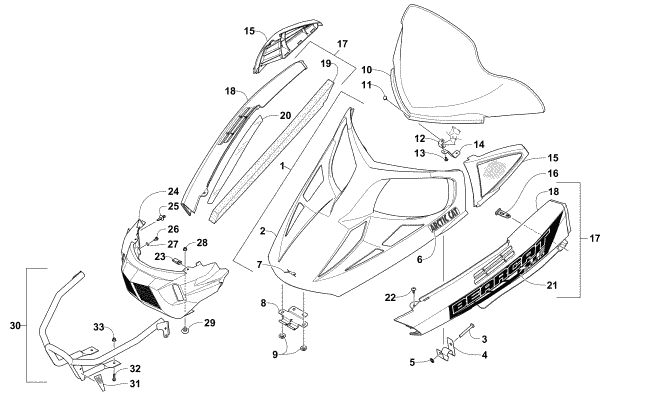 Parts Diagram for Arctic Cat 2016 BEARCAT 2000 XTE SNOWMOBILE HOOD, WINDSHIELD, AND FRONT BUMPER ASSEMBLY