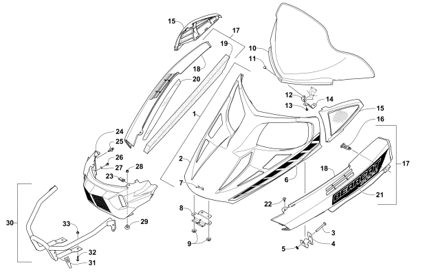 Parts Diagram for Arctic Cat 2016 BEARCAT 2000 XT SNOWMOBILE HOOD, WINDSHIELD, AND FRONT BUMPER ASSEMBLY (US)