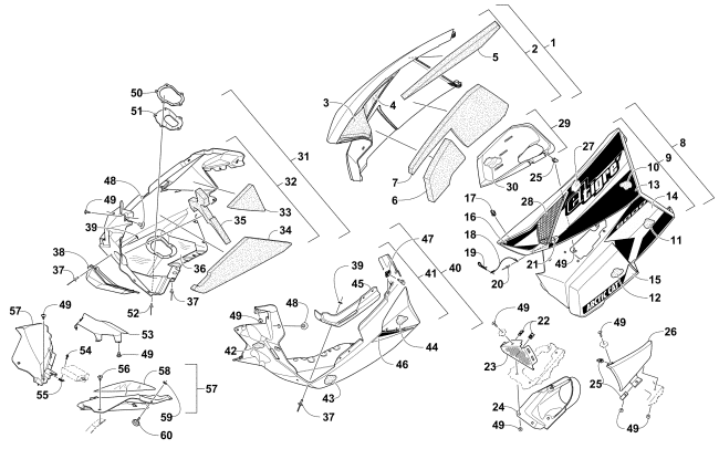 Parts Diagram for Arctic Cat 2016 ZR 8000 LTD 129 ES ET SNOWMOBILE SKID PLATE AND SIDE PANEL ASSEMBLY