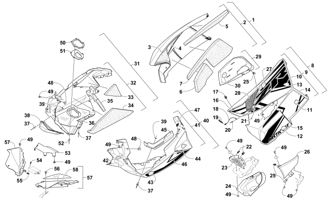Parts Diagram for Arctic Cat 2016 ZR 8000 SNO PRO 129 SNOWMOBILE SKID PLATE AND SIDE PANEL ASSEMBLY