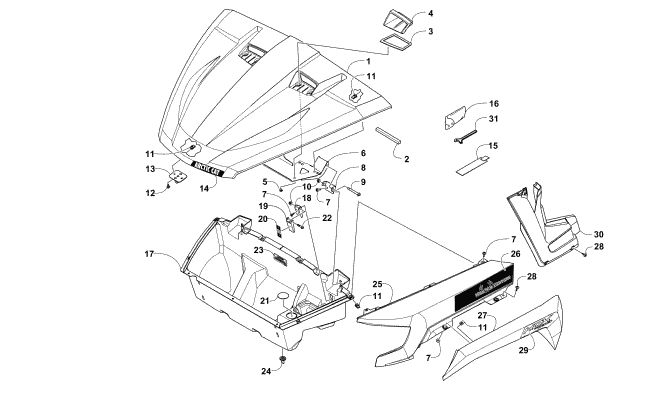 Parts Diagram for Arctic Cat 2016 HDX 700 XT SE HUNTER EDITION ATV HOOD/FRONT STORAGE AND SIDE PANEL ASSEMBLY