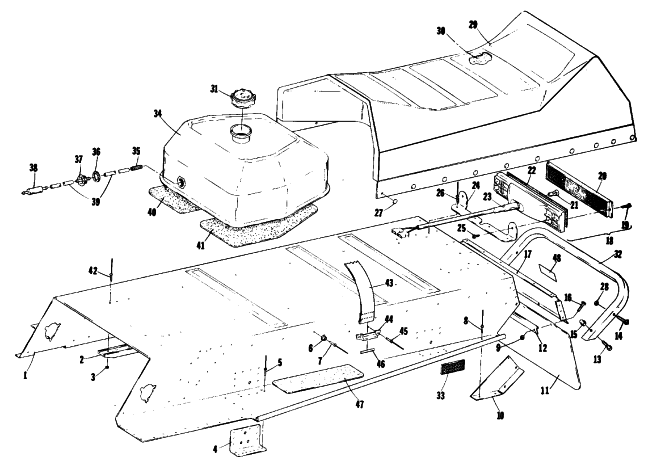 Parts Diagram for Arctic Cat 1977 JAG SNOWMOBILE BODY, GAS TANK, TAILLIGHT & SEAT