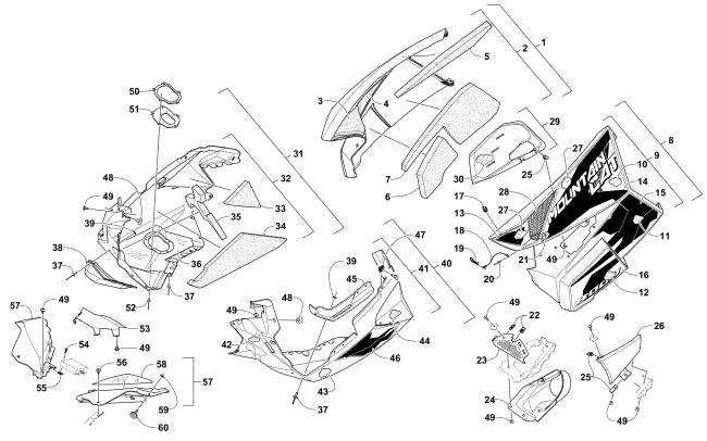 Parts Diagram for Arctic Cat 2017 M 8000 MOUNTAIN CAT 162 EARLY BUILD SNOWMOBILE SKID PLATE AND SIDE PANEL ASSEMBLY