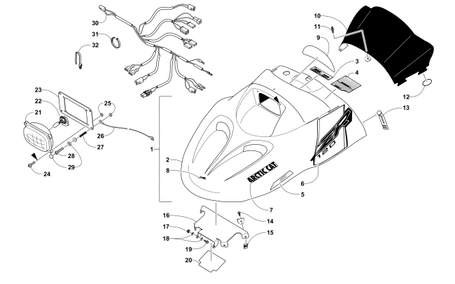 Parts Diagram for Arctic Cat 2017 ZR 120 SNOWMOBILE HOOD, HEADLIGHT, AND WINDSHIELD ASSEMBLY