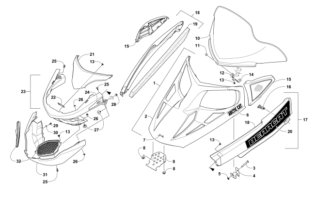 Parts Diagram for Arctic Cat 2017 BEARCAT 2000 LT SNOWMOBILE HOOD, WINDSHIELD, AND FRONT BUMPER ASSEMBLY