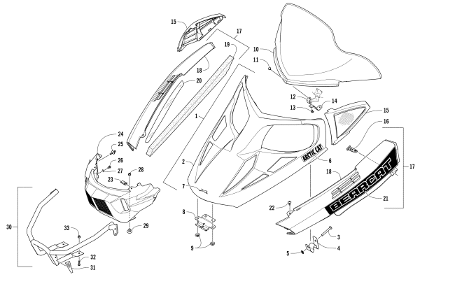 Parts Diagram for Arctic Cat 2017 BEARCAT 2000 XT SNOWMOBILE HOOD, WINDSHIELD, AND FRONT BUMPER ASSEMBLY