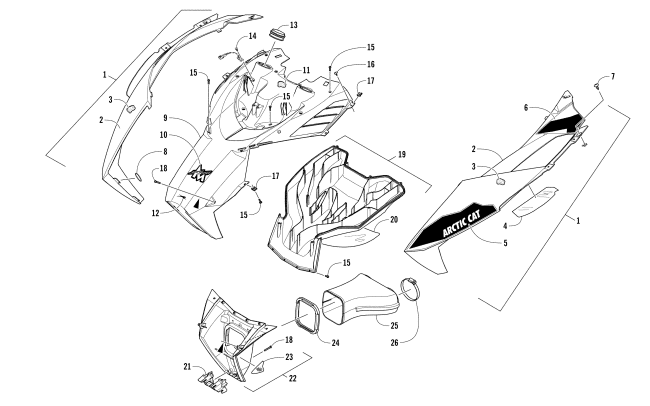 Parts Diagram for Arctic Cat 2017 M 8000 HARD CORE MOUNTAIN CAT 153 EARLY BUILD SNOWMOBILE HOOD AND AIR INTAKE ASSEMBLY