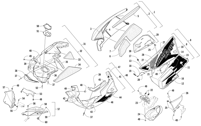 Parts Diagram for Arctic Cat 2017 M 8000 HARD CORE MOUNTAIN CAT 153 EARLY BUILD SNOWMOBILE SKID PLATE AND SIDE PANEL ASSEMBLY