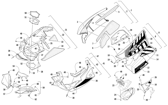 Parts Diagram for Arctic Cat 2017 XF 6000 HIGH COUNTRY 141 SNOWMOBILE SKID PLATE AND SIDE PANEL ASSEMBLY