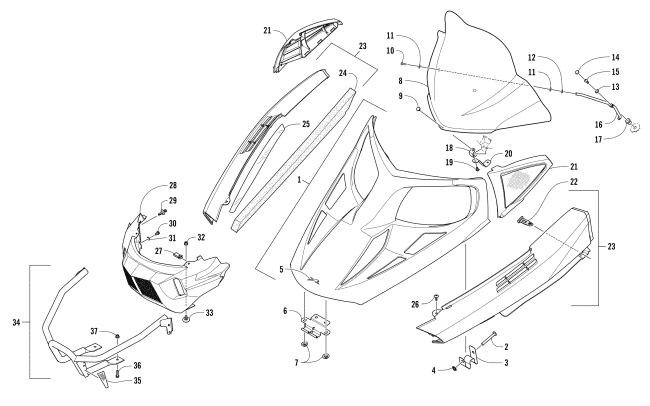 Parts Diagram for Arctic Cat 2018 BEARCAT 2000 XT SNOWMOBILE HOOD, WINDSHIELD, AND FRONT BUMPER ASSEMBLY