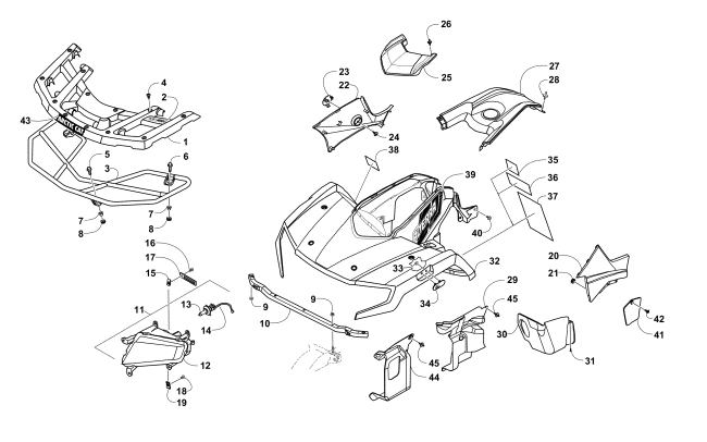 Parts Diagram for Arctic Cat 2016 ALTERRA 450 ATV FRONT BODY, RACK, AND HEADLIGHT ASSEMBLY