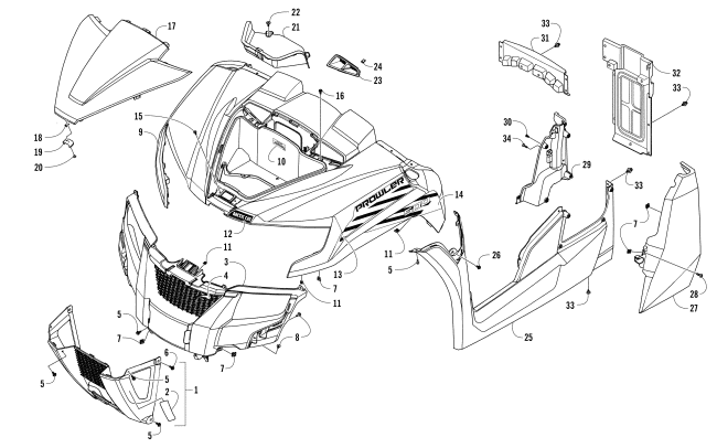 Parts Diagram for Arctic Cat 2017 PROWLER 500 ATV GRILLE, FRONT BODY PANEL, AND SIDE PANEL ASSEMBLY