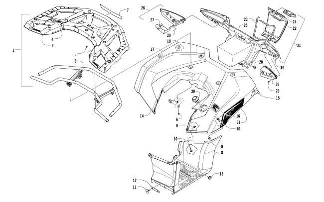 Parts Diagram for Arctic Cat 2017 ALTERRA 700 XT EPS INERNATIONAL ATV REAR RACK, BODY PANEL, FOOTWELL, AND TAILLIGHT ASSEMBLIES