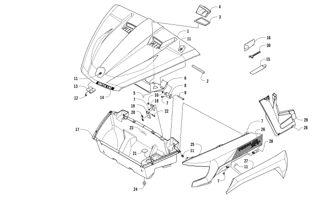 Parts Diagram for Arctic Cat 2017 PROWLER 700 XT ATV HOOD/FRONT STORAGE AND SIDE PANEL ASSEMBLY