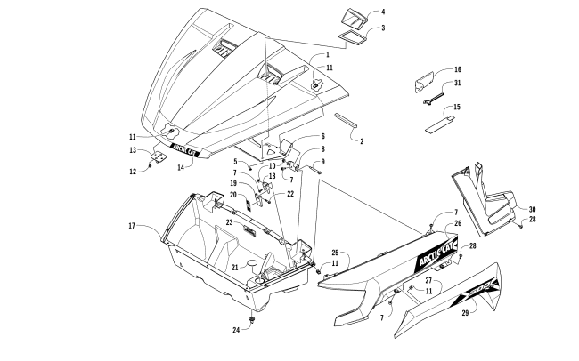 Parts Diagram for Arctic Cat 2017 HDX 500 XT ATV HOOD/FRONT STORAGE AND SIDE PANEL ASSEMBLY