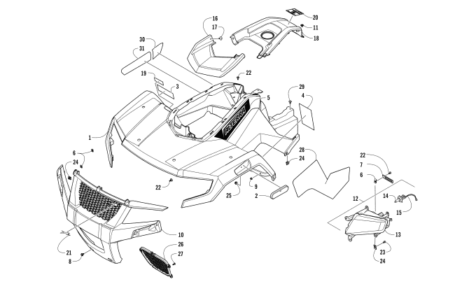 Parts Diagram for Arctic Cat 2017 ALTERRA 300 ATV FRONT BODY AND HEADLIGHT ASSEMBLY