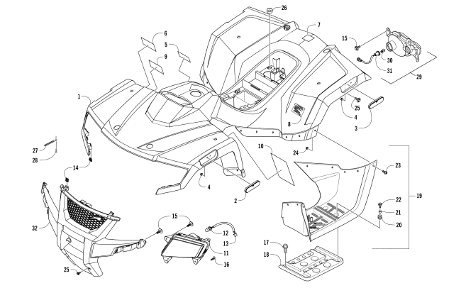 Parts Diagram for Arctic Cat 2018 ALTERRA 90 ATV BODY PANEL AND HEADLIGHT ASSEMBLY