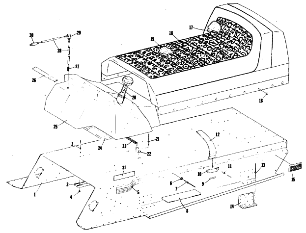 Parts Diagram for Arctic Cat 1977 CHEETAH SNOWMOBILE TUNNEL, GAS TANK AND SEAT