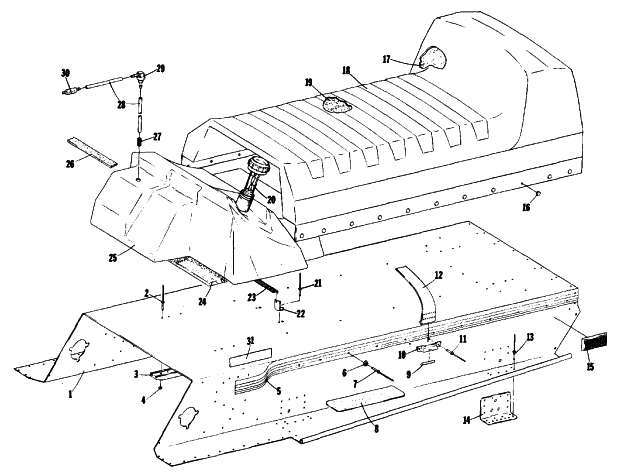 Parts Diagram for Arctic Cat 1977 PANTHER 4000 SNOWMOBILE TUNNEL, GAS TANK AND SEAT