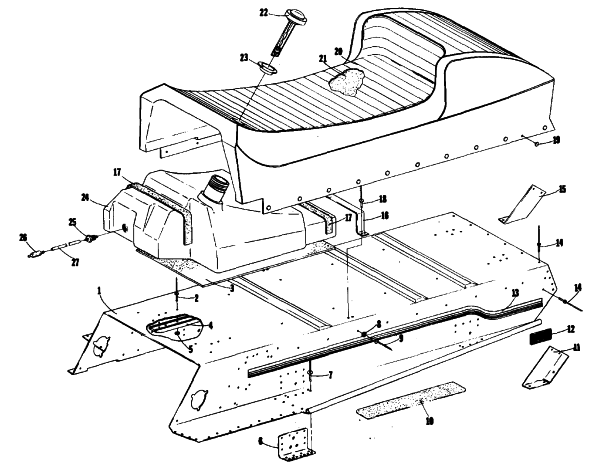 Parts Diagram for Arctic Cat 1977 EL TIGRE 5000 SNOWMOBILE TUNNEL, GAS TANK AND SEAT