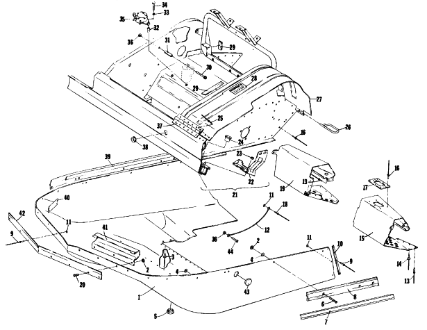 Parts Diagram for Arctic Cat 1977 PANTERA F/A SNOWMOBILE BELLY PAN AND FRONT FRAME