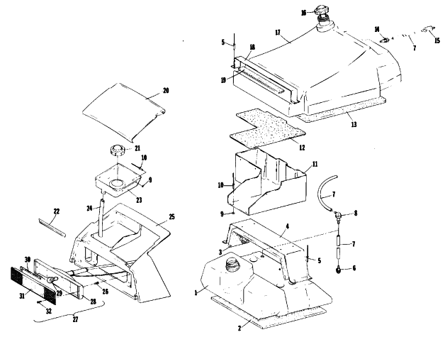 Parts Diagram for Arctic Cat 1977 PANTERA F/A SNOWMOBILE TOOLBOX AND FUEL SYSTEM