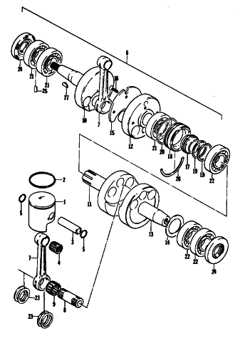 Parts Diagram for Arctic Cat 1977 Z 250 SNOWMOBILE PISTON AND CRANKSHAFT